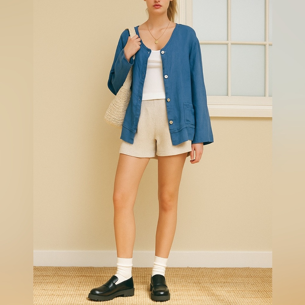 Flax Linen Blue Button-Up Top | Long Sleeve Lightweight Cardigan Shirt